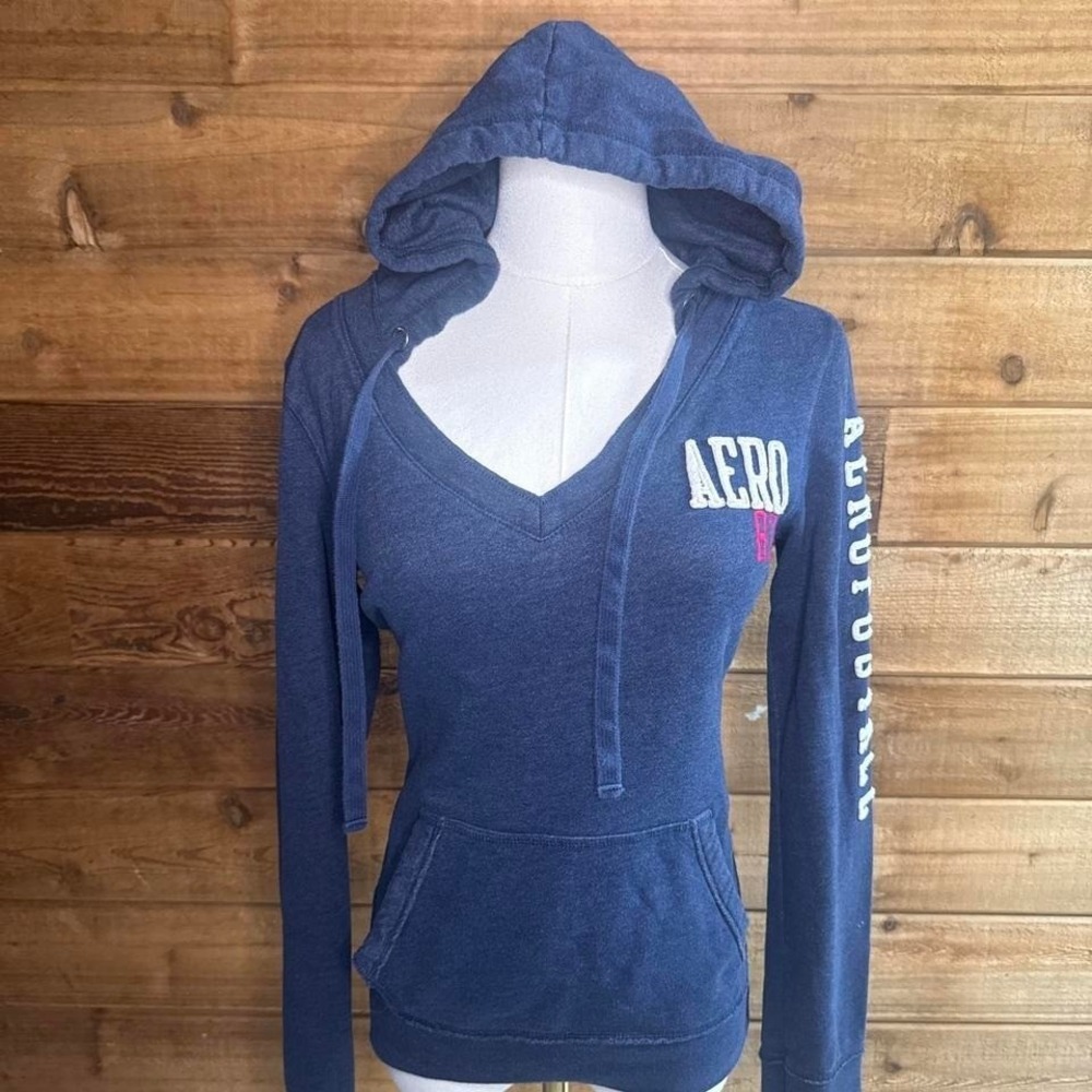 Y2K Aeropostale navy blue zip up hoodie with pink accents Size M